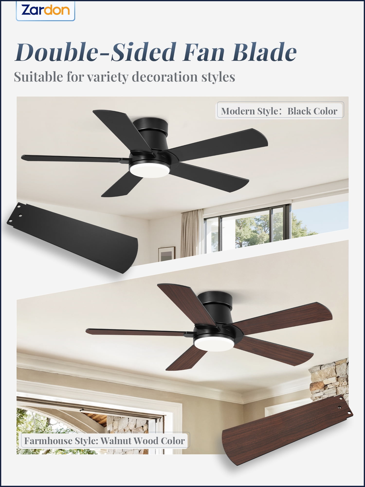 Zardon Ceiling Fans with Lights and Remote, 42in Low Profile Flush Mount Ceiling Fan with 6 Reversible Speeds for Bedroom Indoor, Black