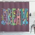 thumbnail image 1 of Quote Shower Curtain, Doodle Art of Dream Quote with Lines Waves and Sky Elements Hipster Typography Design, Fabric Bathroom Set with Hooks, 69W X 75L Inches Long, Multicolor, by Ambesonne, 1 of 3