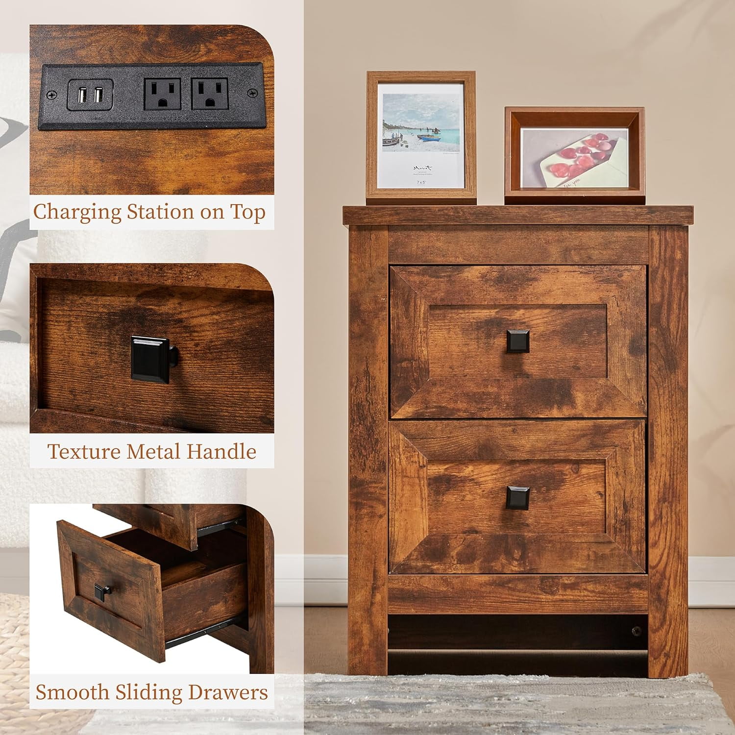 Merluxy Sturdy Nightstand Set of 2 with Charging Station, Farmhouse Wood Bedside Table Rustic Brown