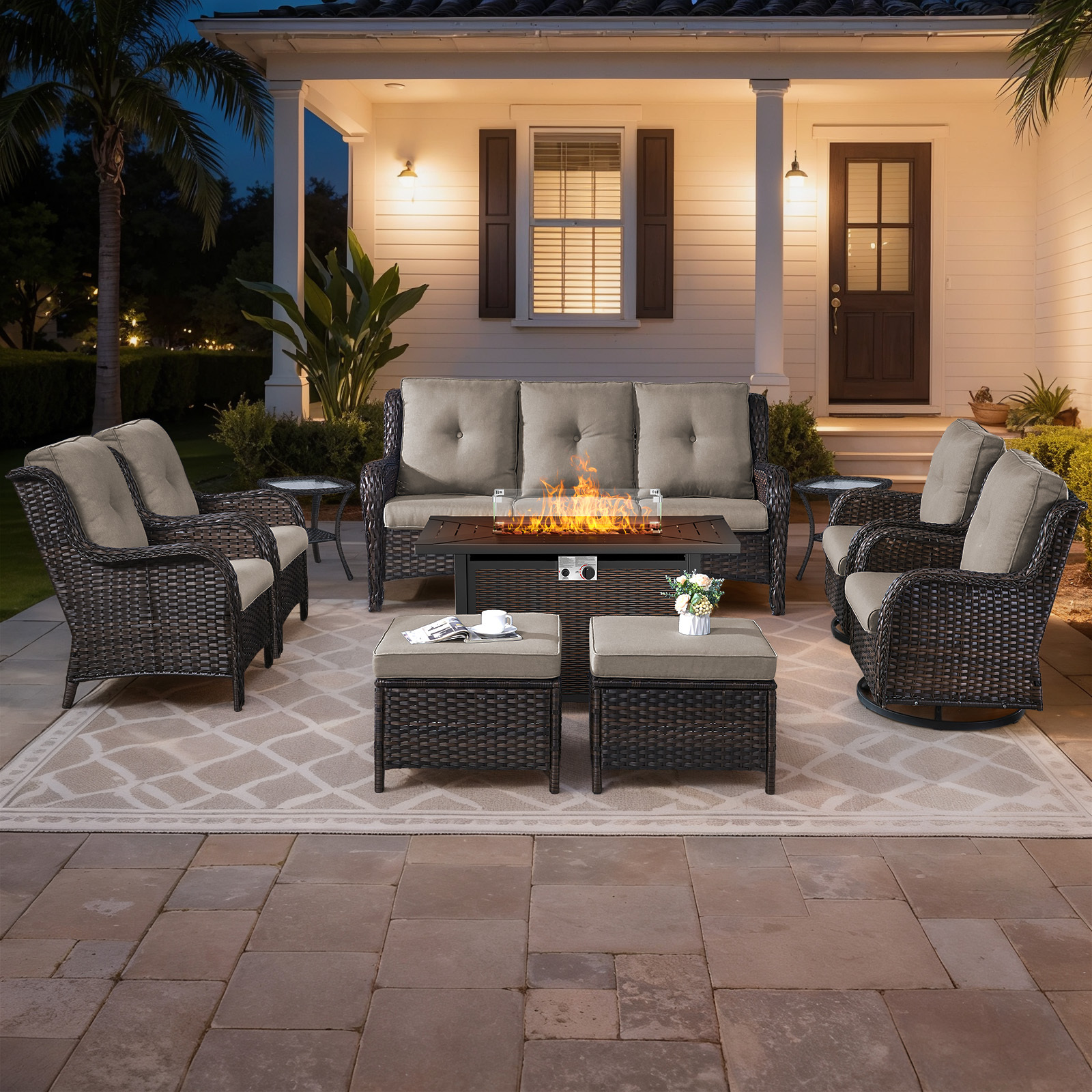 Bellefurn 10 Pieces Patio Furniture Sets with Fire Pit Table and Swivel Rocker,High-Back Rattan Patio Outdoor Conversation Set with 3-Seat Sofa,Ottoman & Side Table for Porch Backyard