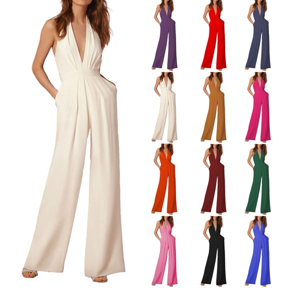 Women's Sexy Jumpsuit, Sleeveless Deep V Halter Neck Backless Wide Leg Jumpsuit, Elastic Waist Party Outfit, Flattering Fit for Women, Evening Wear and Special Occasions-Black