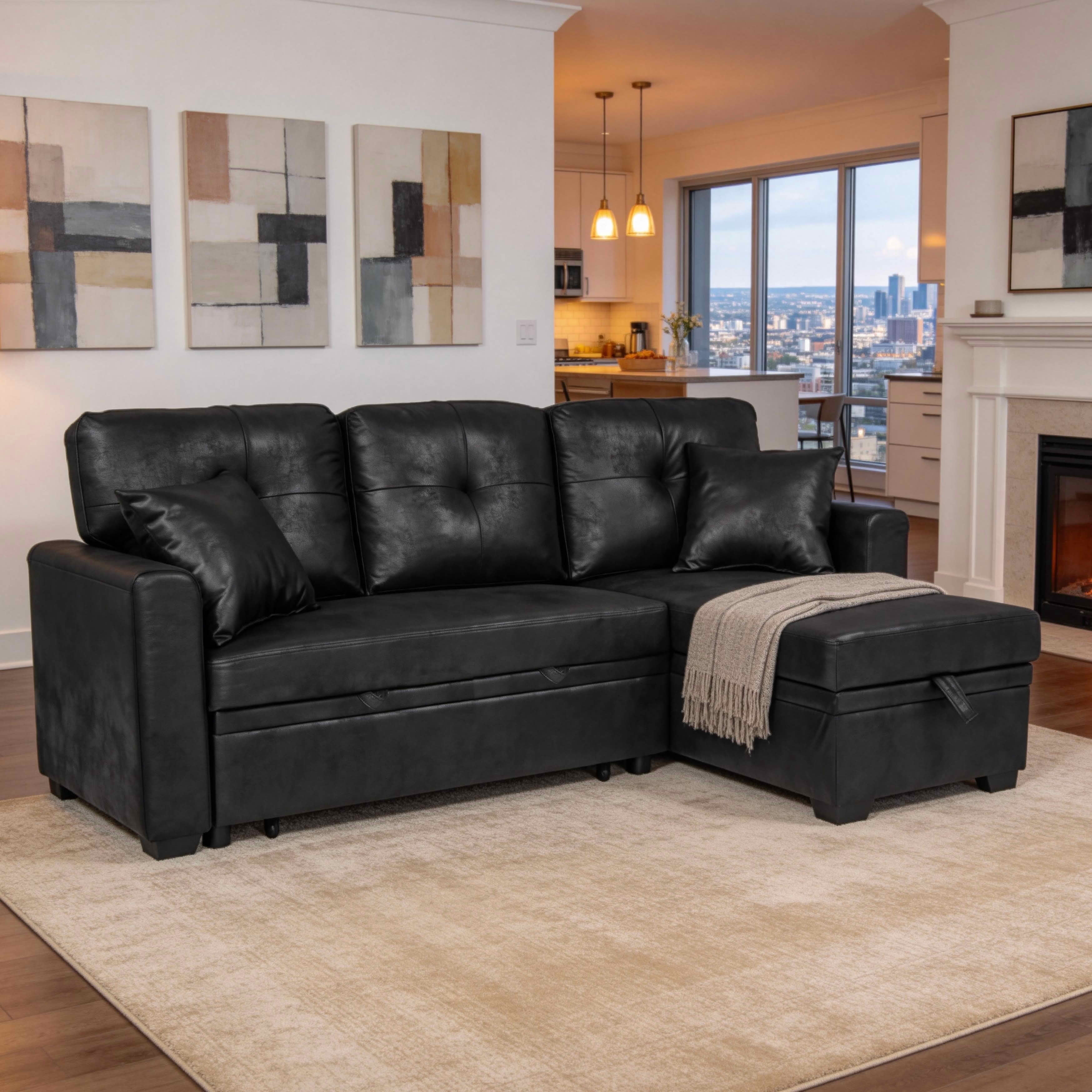 MAYEERTY 71" Breathable Fabric Sleeper Sectional Sofa, L-Shaped Convertible Pull-Out Sofa Bed with Reversible Chaise & Hidden Storage, Multi-Functional