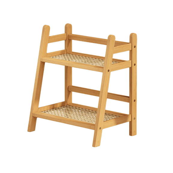 CATUOR 2-Tier Rattan Storage Rack for Cups, Wooden Mug Holder for Countertop, Desktop Organizer for Kitchen, Dorm, and Office, Natural Plastic Rattan Shelf for Coffee Mugs & Small Items