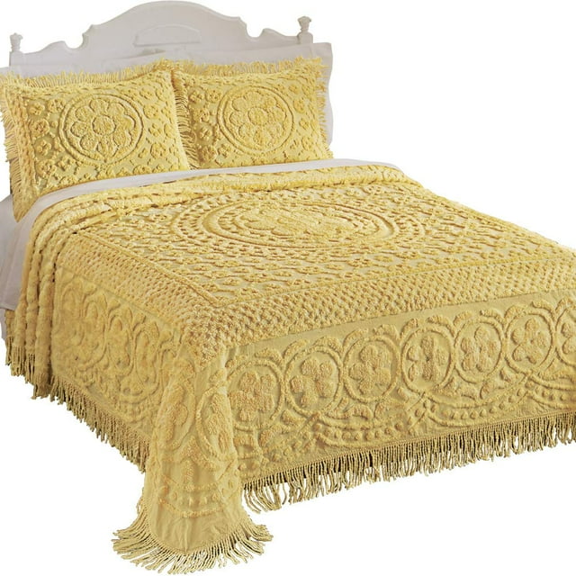 Collections Etc Calista Chenille Lightweight Bedspread with Fringe Border, Yellow, Full