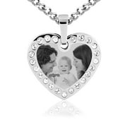 Photos Engraved - Custom Photo Engraved CZ Heart Pendant in Stainless Steel - Free reverse side engraving - 18 in chain included - W-MHPM-SS