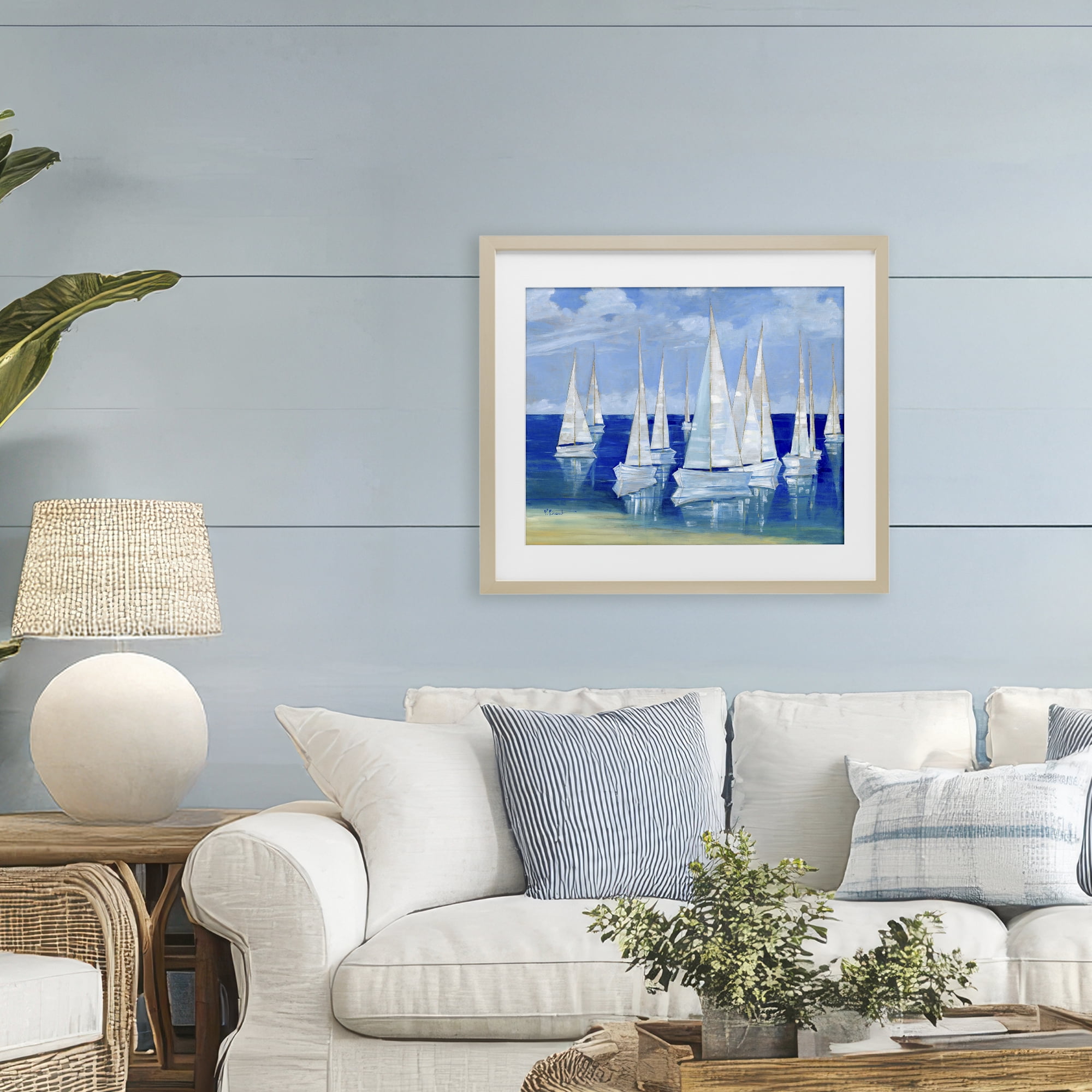 Stupell Industries Blanco Beach Sailboats Birch Framed Print Under Glass, design by Paul Brent