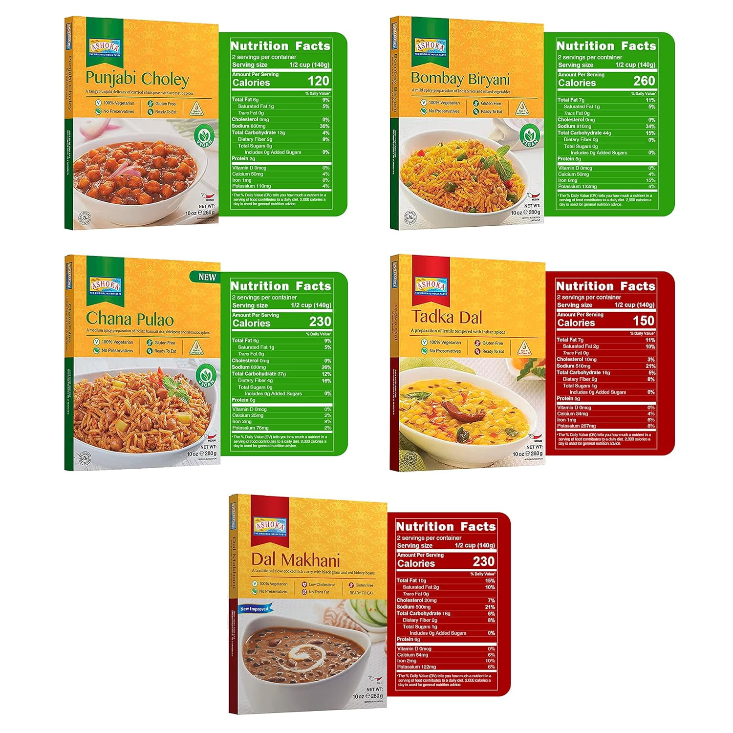 Ashoka Traditional Indian Meals 1932, Vegetarian Beans 'n Rice Meal Kit, Kosher Certified, All-Natural Variety Pack, Portable Heat & Serve Meals, Great for the Outdoors, No Preservatives, Pack of 6