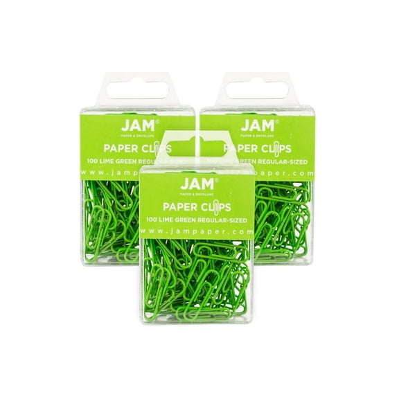 JAM Paper Small Paper Clips Lime Green 3 Packs of 100 (21830624B)