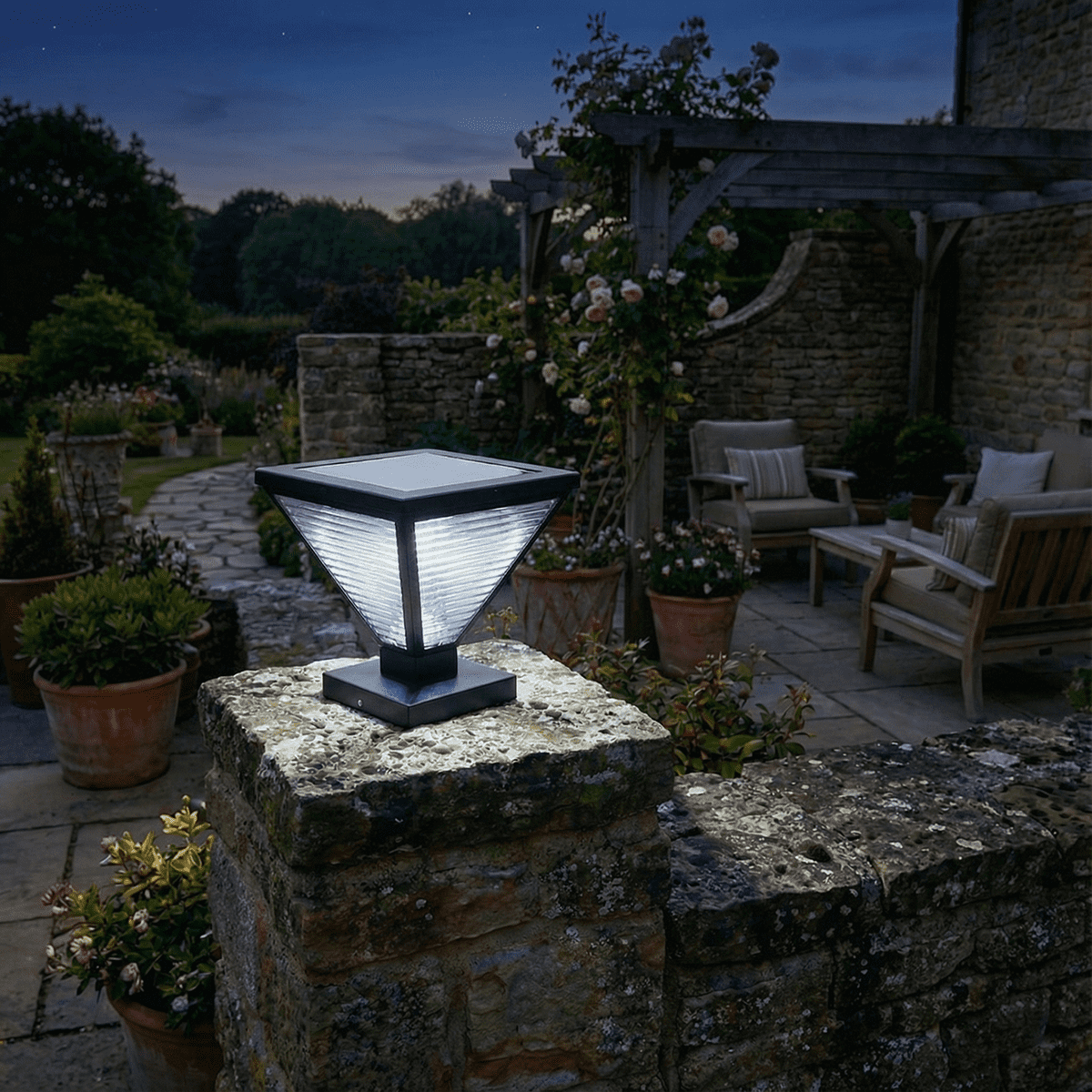 Solar Pillar Lights Outdoor, 25cm Metal&Glass Solar Post Cap Lights, Outdoor Post Lights Solar Powered Ip65 Waterproof, Outdoor Column Lights Warm and Cold Led Light for Patio Garden Decor