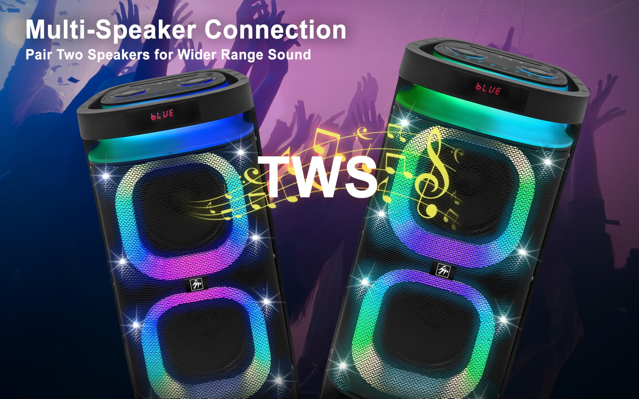 Fisher Portable Bluetooth Wireless Speaker:Dual 8" Subwoofer 60W Peak Power Loud HD Deep Bass Sound|LED Lights|Rechargeable|Karaoke|Microphone|TWS Pairing|USB Port|TF|AUX|FM Radio|Guitar Jack