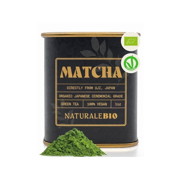 NaturaleBio Organic Ceremonial Grade Matcha Green Tea Powder, Caffeinated, No Added Sugar, 1 oz Tin