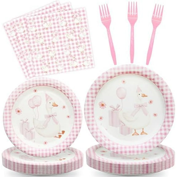 96 Pcs One Silly Goose Party Supplies Disposable Tableware Set Serve 24 Guests Include Silly Goose Paper Plates Pink Gingham Napkins Plastic Forks for Baby Shower Wedding Birthday Party Decoration