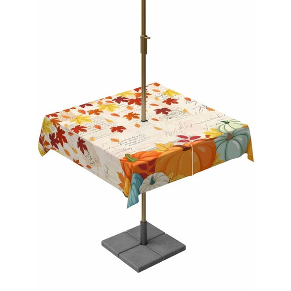 Outdoor Tablecloth with Umbrella Hole and Zipper, Orange Pumpkin Fall Square Table Cloth 54x54 Inch Waterproof Tablecloth, Thanksgiving Maple Leaf Farmhouse Picnic Table Cover for Patio Camping