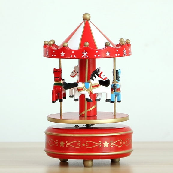 Vintage Pink Wooden Merry-Go-Round Horse Christmas Birthday Gift Carousel Music Box, Clockwork Mechanism Laxury Carousel Music Box