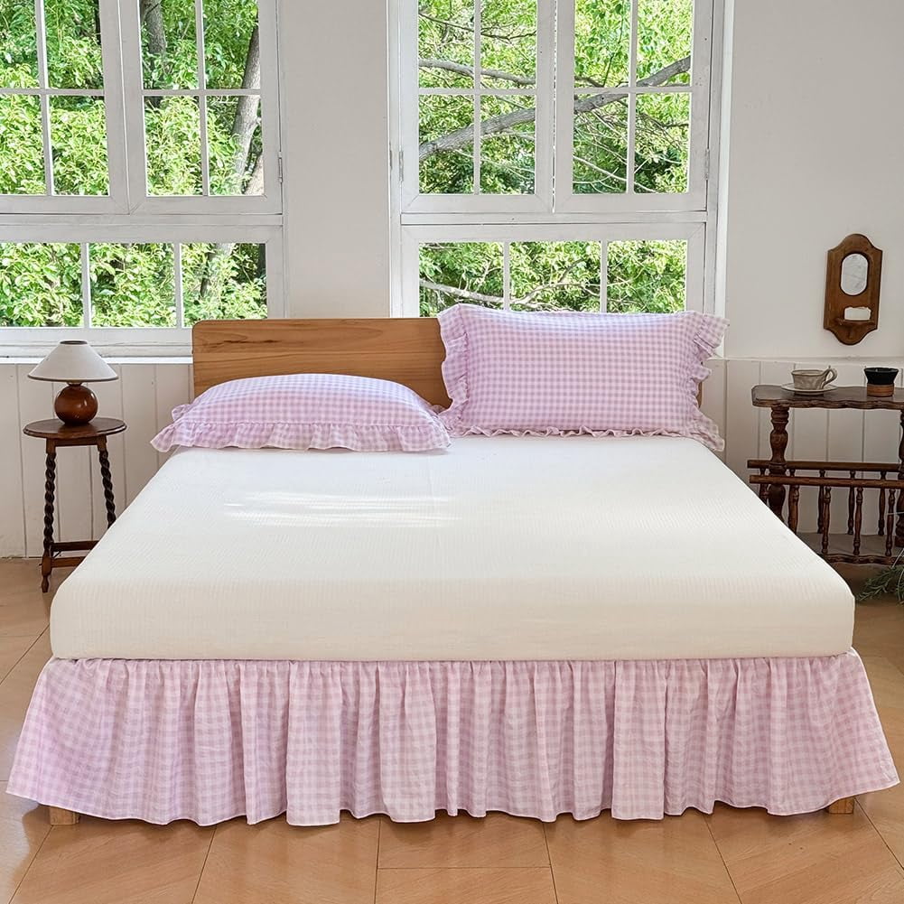 Pink Gingham Wrap Around Ruffled Bed Skirt with Lace Decor, Plaid Grid Adjustable Elastic Dust Ruffles for Queen Bed, 15 Inch Drop Farmhouse Cottage Pleated Bed Frame Cover(Pink Gingham, Queen)