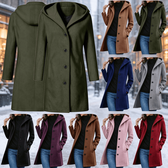 QATAINLAV Woman Pea Coats Single Breasted Button Front Trench Coats Side Pockets Long Hooded Winter Jacket