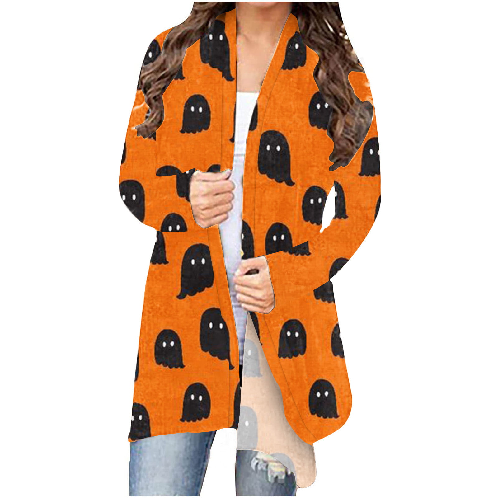 Womens Gothic Cloak Long Sleeve Funny Skull Pumpkin Hooded Lightweight Halloween Open Front Cardigan Jacket 