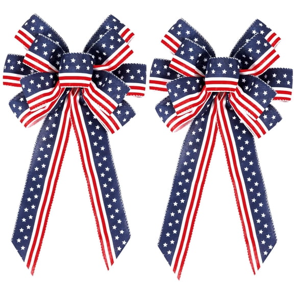 2 Pack 4th of July Decor Bow for Wreath,Red White Blue Stripe Stars Tree Topper Bows for Patriotic,Independence Day,Memorial Day,Veteran's Day,Front Door Indoor Outdoor Decorations