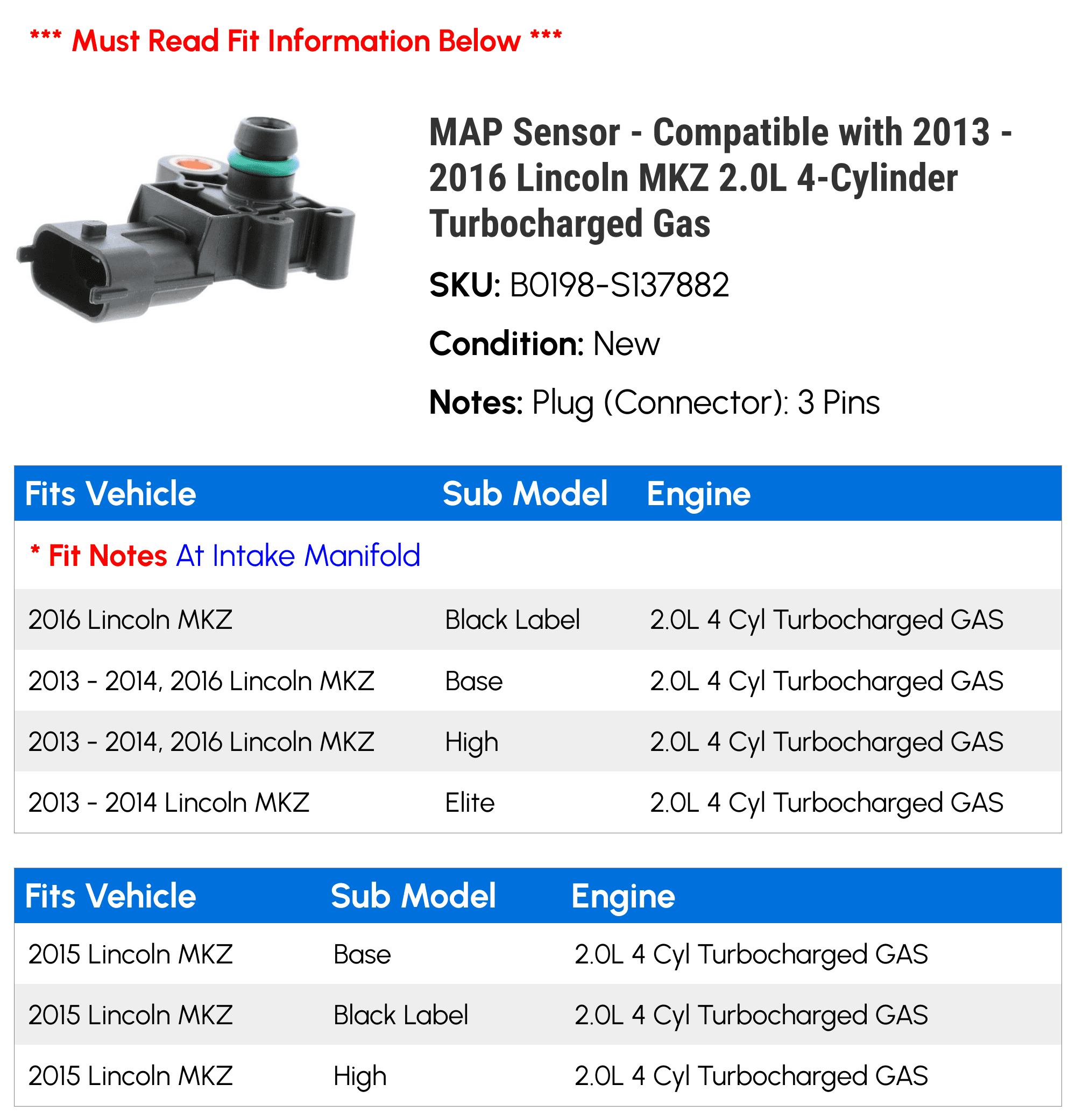 MAP Sensor - Compatible with 2013 - 2016 Lincoln MKZ 2.0L 4-Cylinder Turbocharged Gas 2014 2015