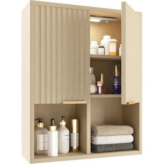 NEW Decorative Wall Cabinet with Motion Sensor LED and Adjustable Shelf for Bathroom ,Kitchen,Study (Oak Natural)