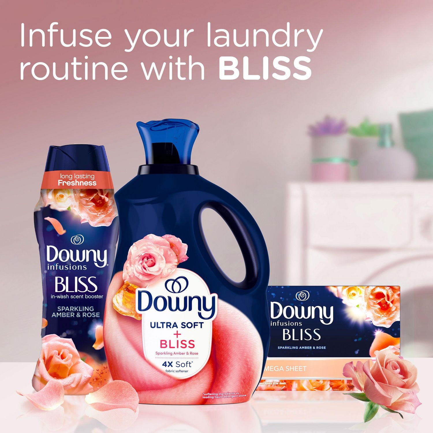 Assouplissant textile liquide Downy Infusions Bliss, parfum Ambre étincelant et rose 120 brassés, 2,4 L