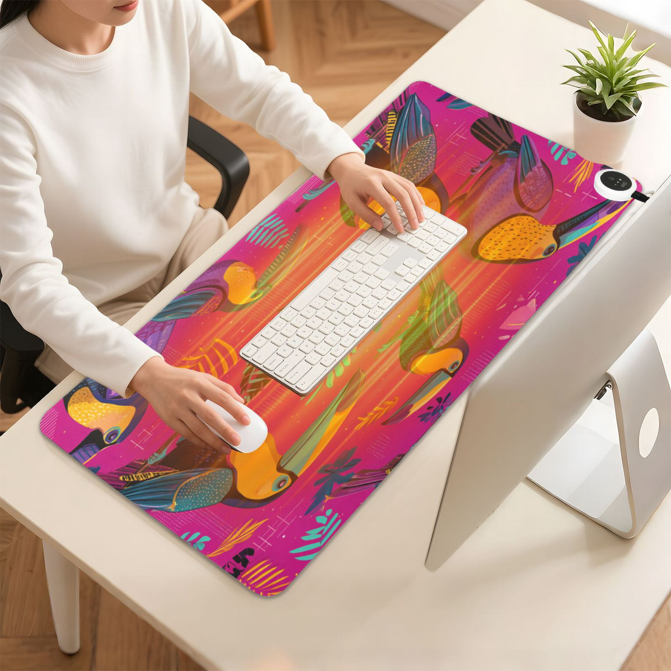 Large Heated Desk Mat Mouse Pad 31.5"x13"PU Leather Graphene Heating Desk Warmer with 3 Temperature Settings 110V US Plug Non-Slip Warm Pad for Home, Office, and Gaming Toucan in The Pink Jungle