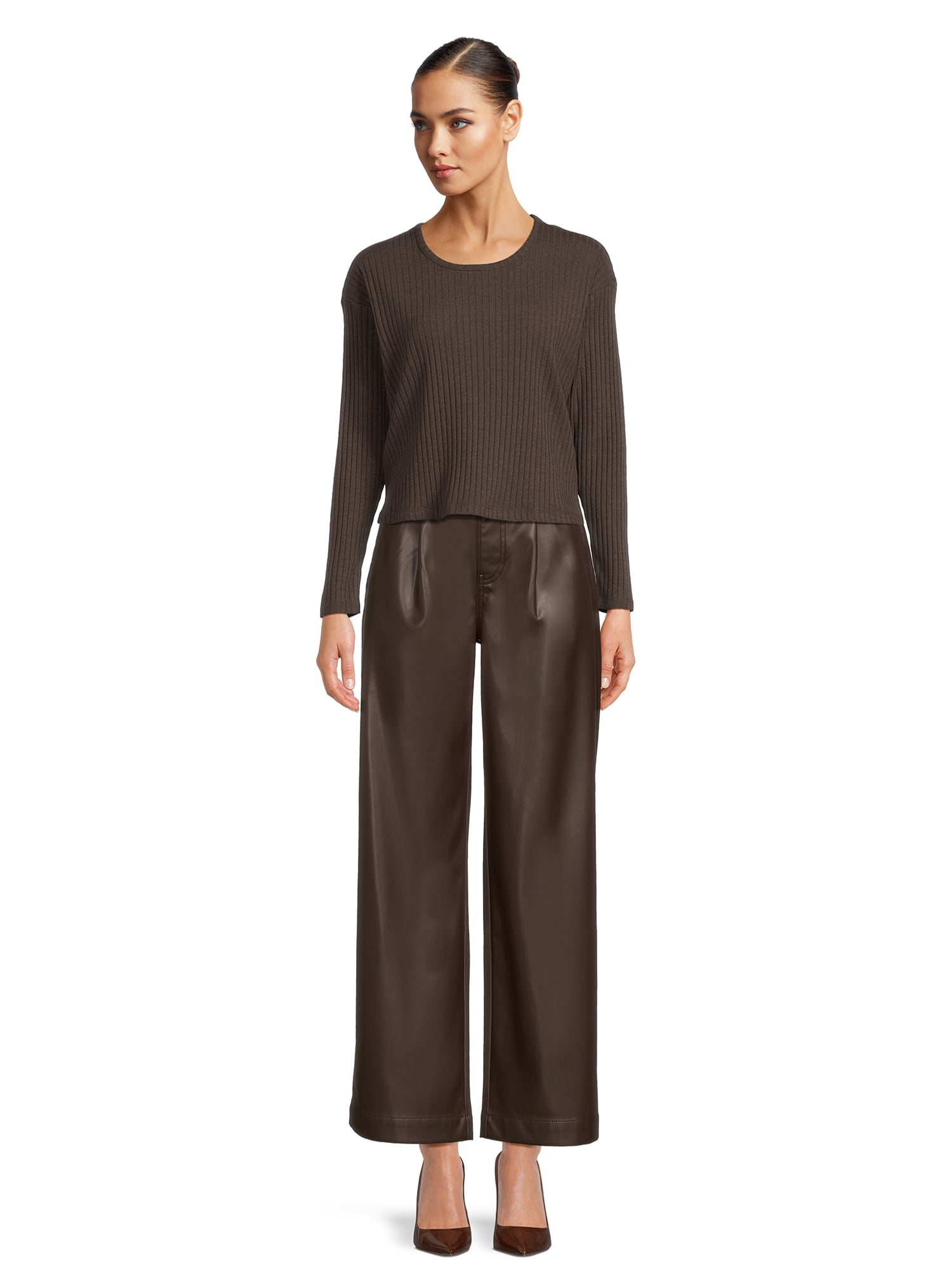 Time and Tru Women's High Rise Faux Leather Wide Leg Trousers – Regular, Short, Long Inseams Available