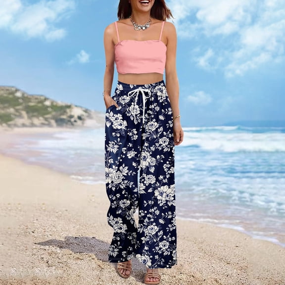 Palazzo Pants for Women Casual High Waist Wide Leg Floral Elastic Lounge Trousers with Pockets Blue M