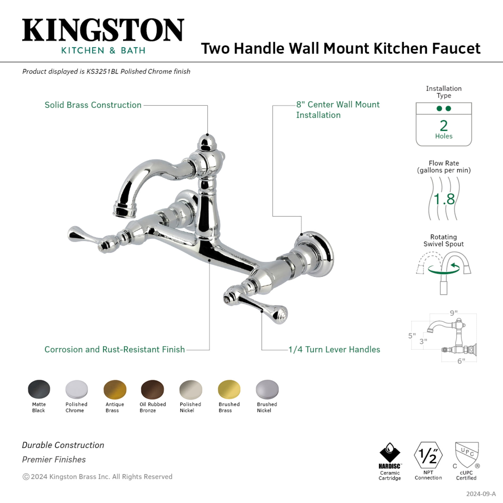 Kingston Brass KS3255BL Vintage Double-Handle Wall-Mount Bridge Kitchen Faucet, Oil Rubbed Bronze