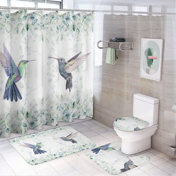 Eucalyptus Hummingbird 4 Piece Shower Curtain Sets, Non-Slip Rugs, Toilet Lid Cover and Bath Mat, Durable and Waterproof, for Bathroom Decor Set One Size