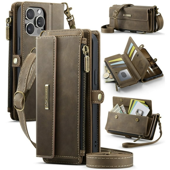 CaseMe Wallet Case For iPhone 13 Pro 6.1-inch, RFID Blocking PU Leather Case Women Men Kickstand flip Cover Wrist Strap Zipper Credit Card Holder Slot,Coffee,For iPhone 13 Pro