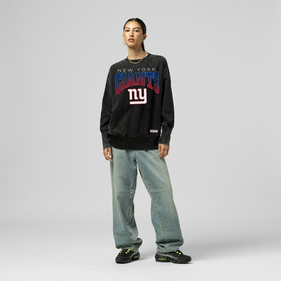 Women's Mitchell & Ness Black New York Giants Delineate Mineral Wash Crewneck Sweatshirt