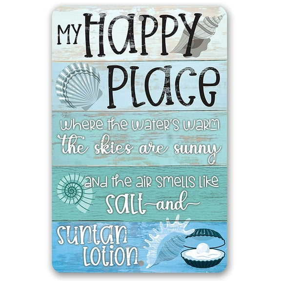 Metal Sign - My Happy Place Beach - (Not Printed on Wood) Durable Metal Sign - Use Indoor/Outdoor - Makes a Great Beach House Decor and Gift for Beach Lovers Under $25 (12" x 18")