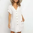thumbnail image 2 of XuJwPNcy Cotton Linen Dress Women Short Sleeve Button down Shirt Dresses Casual Loose V Neck Cover Ups with Pockets, 2 of 7