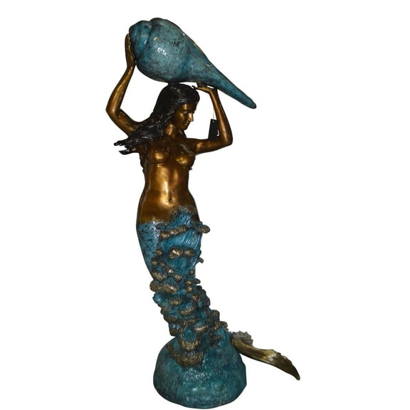 Mermaid holding a shell - large Bronze Statue -  Size: 43"L x 30"W x 76"H.