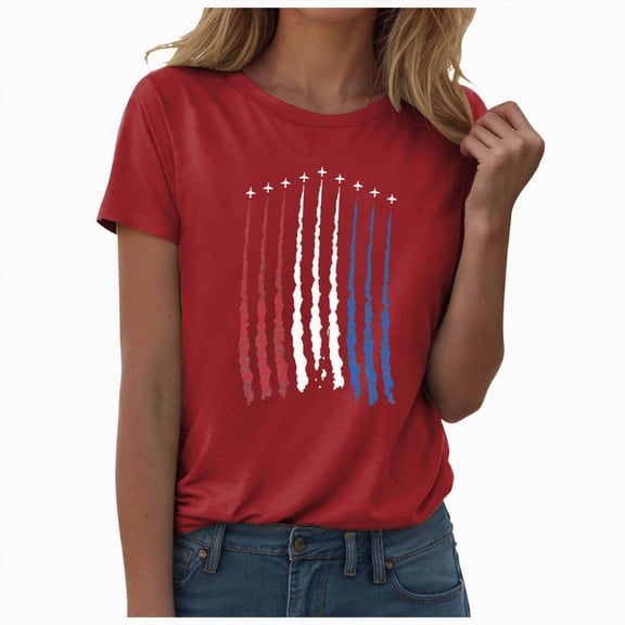 KPOPLK Womens American Flag Shirt USA Patriotic Crew Neck T-Shirt 4th of July Short Sleeve Tee(Red,L)