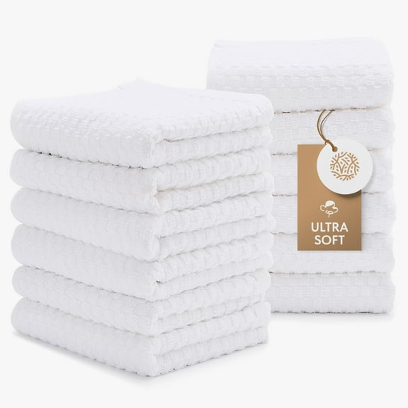 White Classic Absorbent Kitchen Towels 12 Pack - Premium 100% Cotton Dish Towels, 450GSM Thick Machine Washable Kitchen Cloth for Drying, Cleaning, Dobby Weave, Super Quality 15x26 in - White