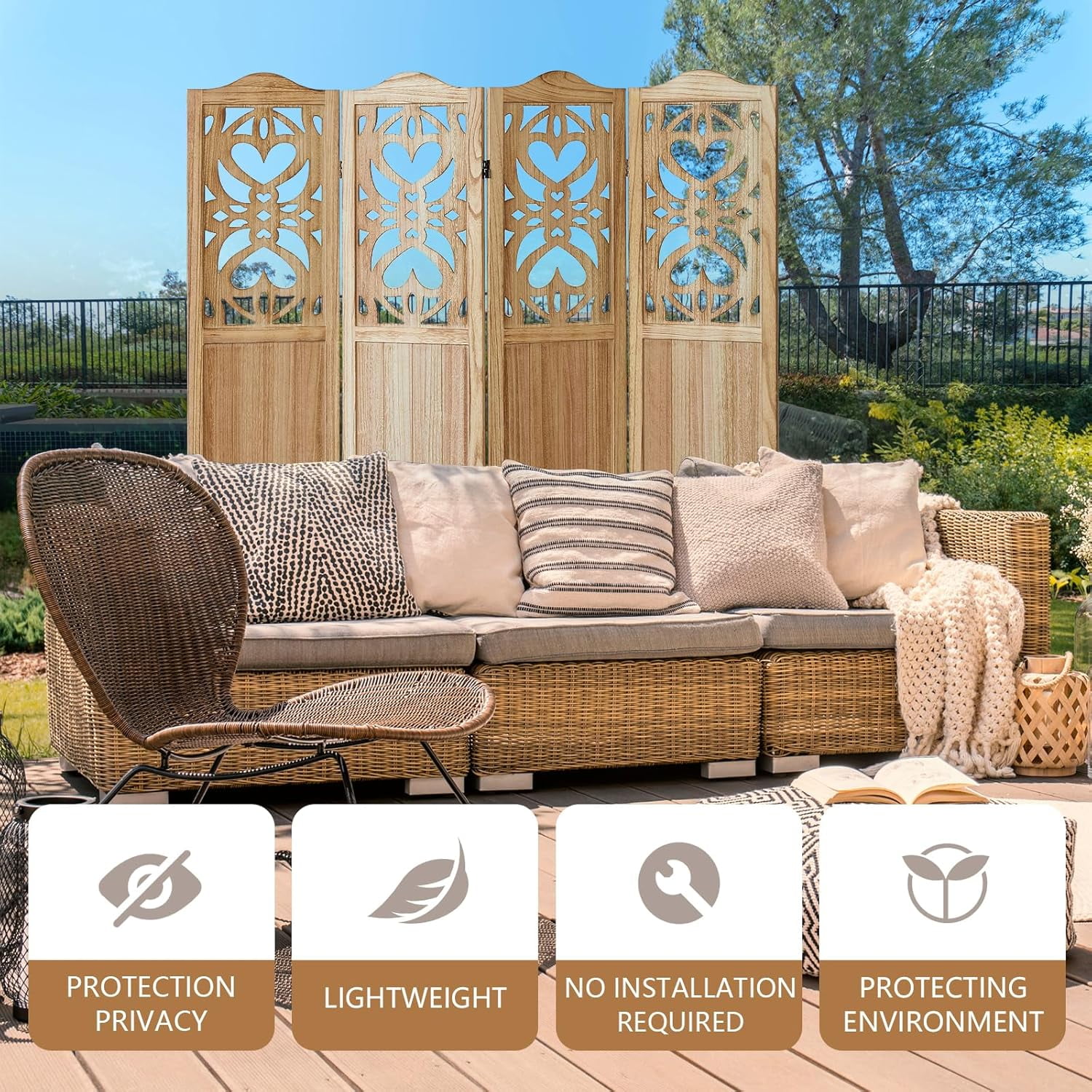 Wood Room Divider 4 Panel 5.6Ft Carved Room Divider and Folding Privacy Screen, Minimalism Portable Partition Screen Divider for Room Separation, Room Decoration for Home Office - Natural