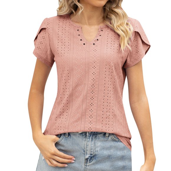 Camiseta con cuello en V y botones para mujer: top veraniego holgado con aberturas caladas; tejido suave y transpirable, fácil de cuidar