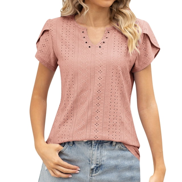 Camiseta con cuello en V y botones para mujer: top veraniego holgado con aberturas caladas; tejido suave y transpirable, fácil de cuidar