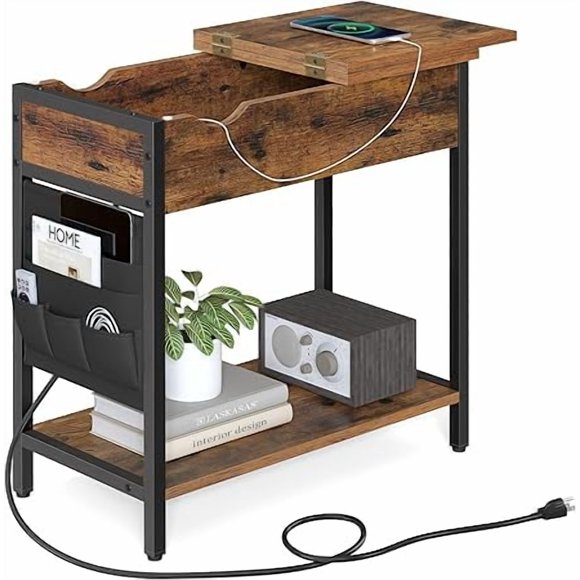 VASAGLE Table d'Appoint avec Ports USB et Prises de Courant, Table de Bout à Dessus Rabattable avec Station de Recharge, Brun Rustique et Noir