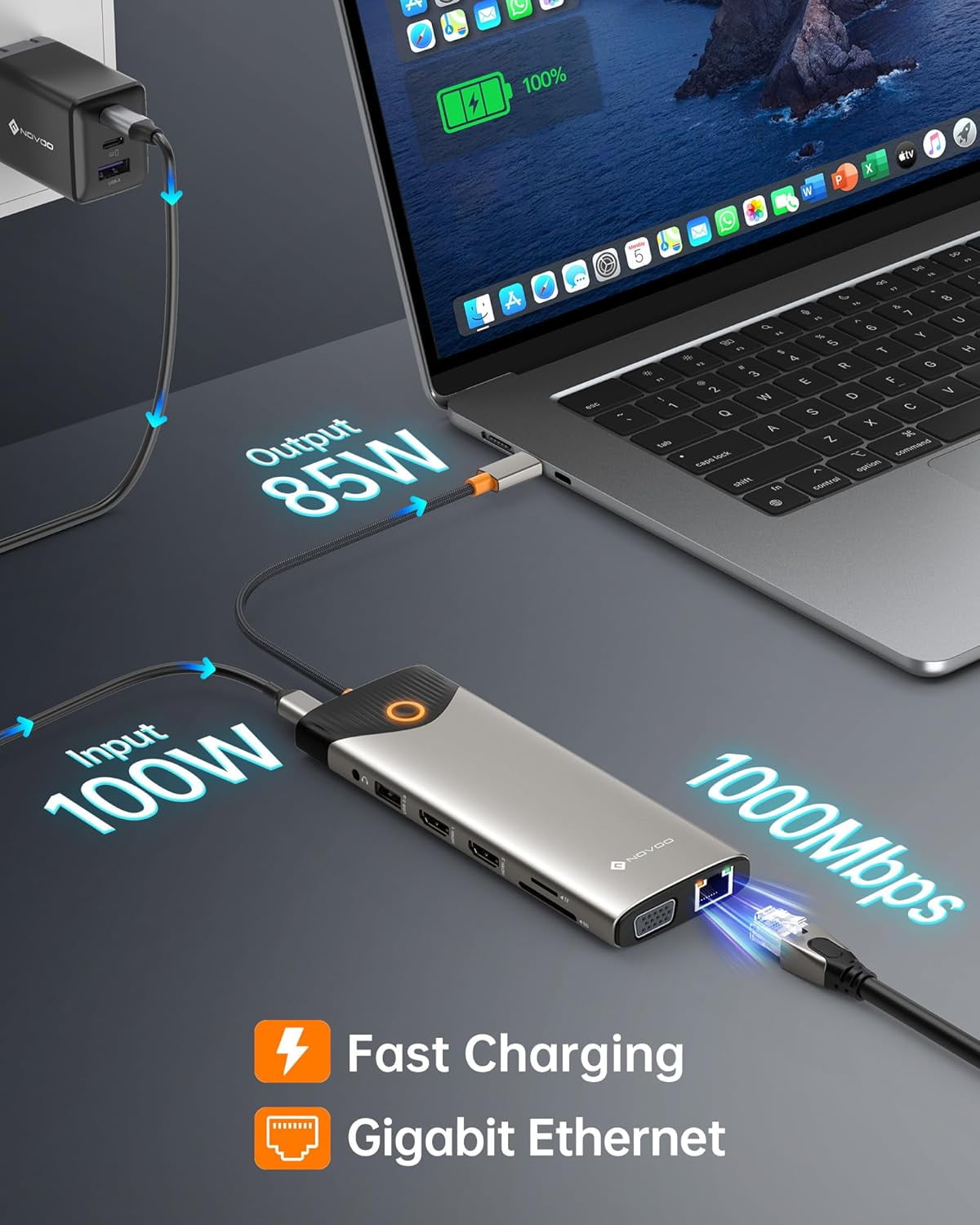 NOVOO USB C docking station dual monitor, 15-in-1 laptop docking station 3 monitor, with 2 HDMI, VGA, USB C/A ports, 100W PD, RJ45, SD/TF and audio, suitable for MacBook/Dell/iPhone/HP/Len ovo