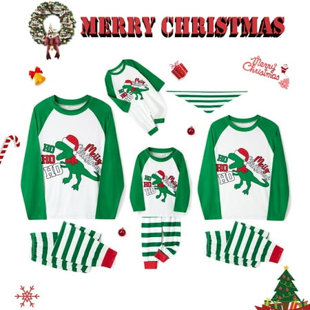 

Christmas Family Matching Pajamas Sets Dinosaur Print Tops + Striped Pants Xmas Sleepwear Holiday Loungewear Jammies Pjs Outfit