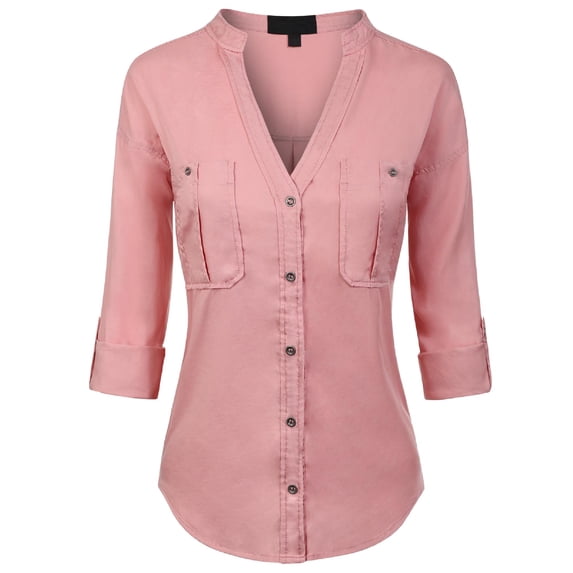 Made by Olivia Women's Long Sleeve Solid Split Neck Tencel Button Down Shirt Blouse