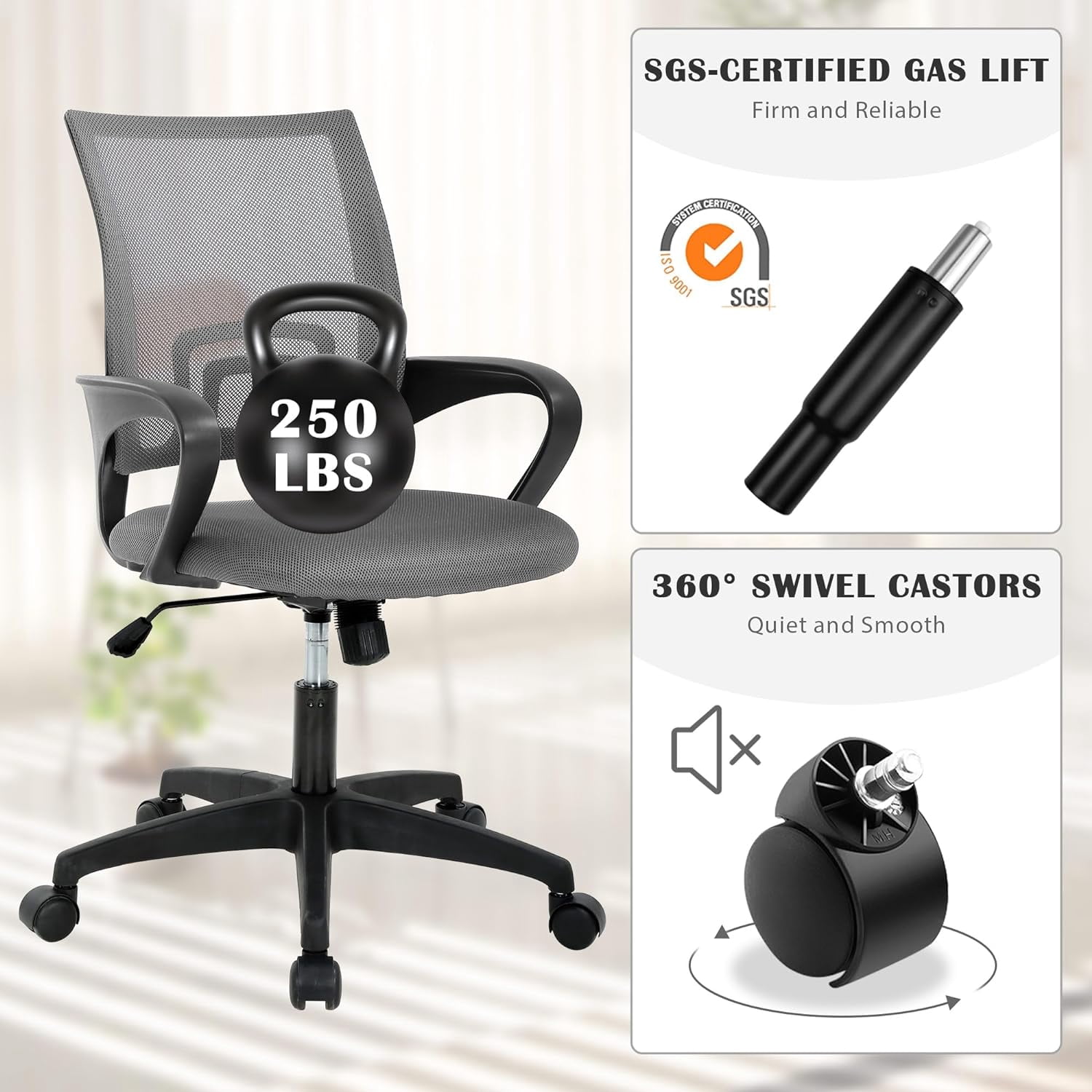 Dkelincs Ergonomic Office Chair Mesh Adjustable Computer Desk Chair with Lumbar Support for Home Office, Gray