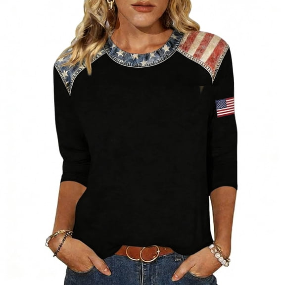 Women's Fashion Casual 3/4 Sleeve T-Shirt Printed Round Neck Pullover Top Black L