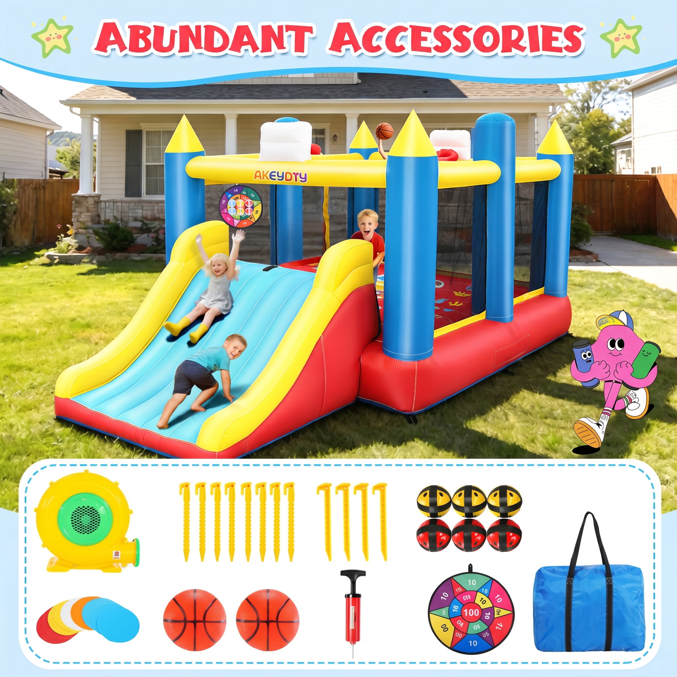 Adnoom Inflatable Bounce House for Big Kids 3~12, 15'x8' Large Bouncy House with 480w Blower, Indoor outdoor Commercial Jumping Castle with Wide Slide&2 Basketball Hoop for Party Backyard