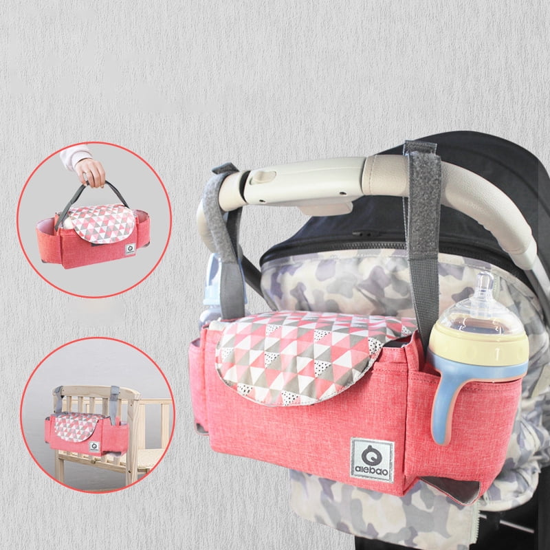 Universal Stroller Organizer Bag Cat Pattern Stroller Hanging Bag Multiple Pockets Cup Holders Stroller Accessory 