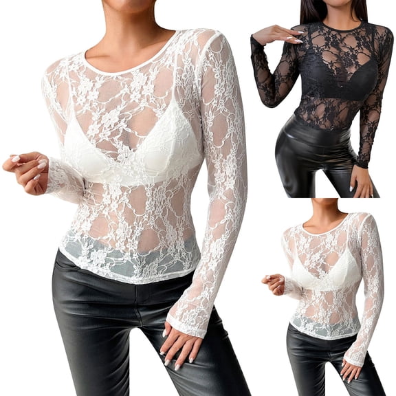 Womens Mesh Tops JIANLAI Lace Long Sleeve Shirts Crewneck Slim Fitted Outfits See Through Blouses (S-2XL) Black
