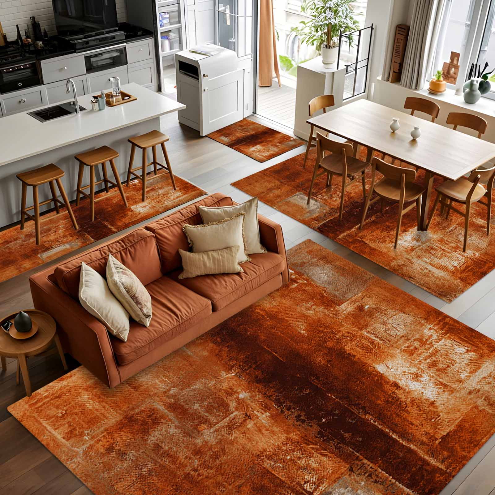 Burnt Orange 3x5 Area Rugs, Oil Painting Abstract Modern Vintage Non-Skid Rubber Backing Large Rectangle Rugs - Living Room Bedroom Home Office, Indoor Floor Mat Carpets Washable Rug